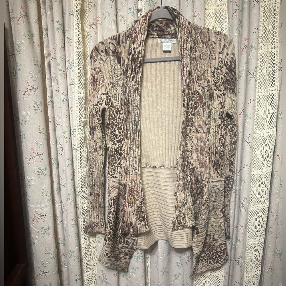 2/$28 ALBERTO MAKALI Boho Animal Print‎ Drape Front Cashmere Blend Sweater Small